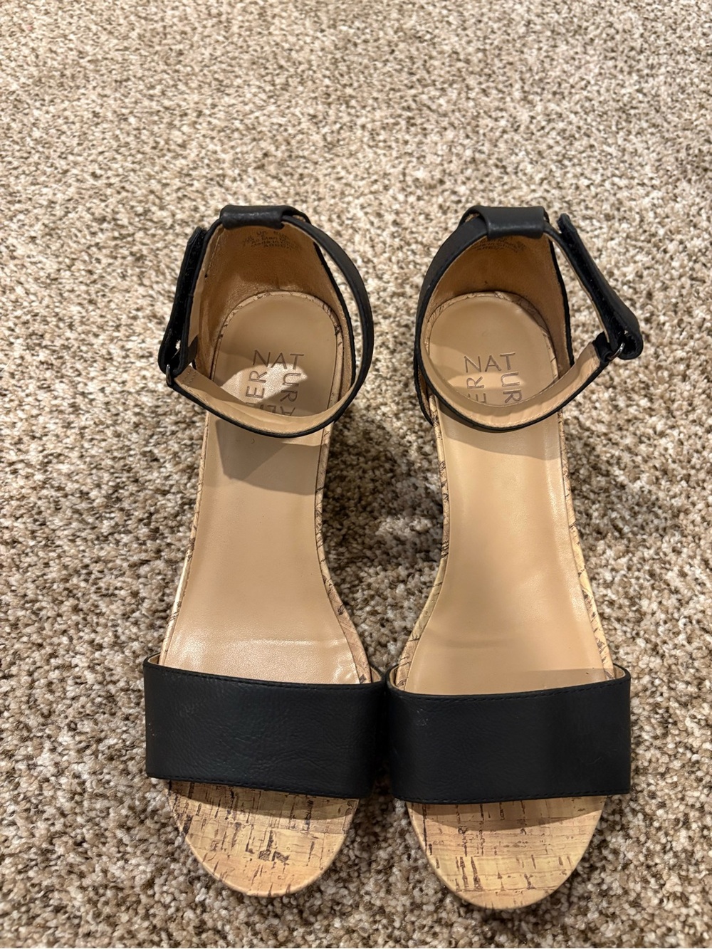 Naturalizer Black Cork Wedge Sandals with Ankle Strap